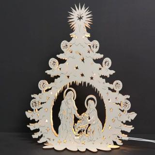 Dřevěný svítící portál strom vánoční s betlémem, 46x36x10 cm