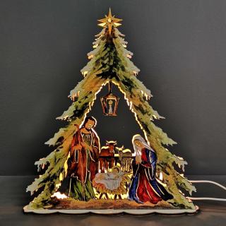 Dřevěný svítící portál strom vánoční s betlémem, barevný, 30x26,5x5,5 cm
