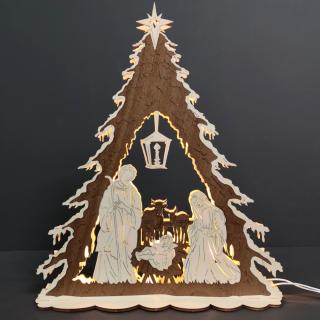 Dřevěný svítící portál strom vánoční s betlémem, dýhový, 44x37x9,5 cm