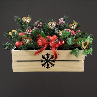 Dřevěný vánoční truhlík s vločkou přírodní, uvnitř s černou fólií, 52x21,5x17cm, český výrobek