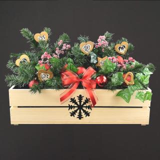 Dřevěný vánoční truhlík s vločkou přírodní, uvnitř s černou fólií, 62x21,5x17cm, český výrobek