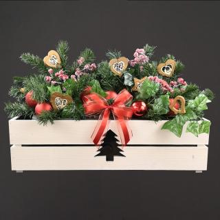 Dřevěný vánoční truhlík se stromečkem bílý, uvnitř s černou fólií, 62x21,5x17cm, český výrobek
