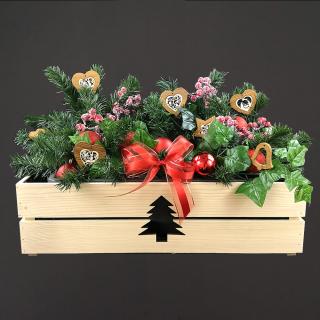 Dřevěný vánoční truhlík se stromečkem přírodní, uvnitř s černou fólií, 62x21,5x17cm, český výrobek