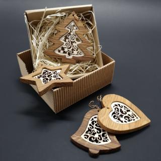 Vánoční set 4 druhů dřevěných ozdob z masivu s vkladem - ornament + krabička