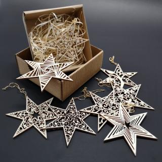 Vánoční set dřevěných ozdob - hvězdy 8 druhů + krabička