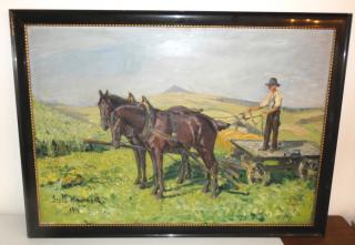 Obraz koně s povozem signováno Grete  Hawranek Stará  Paka 1914