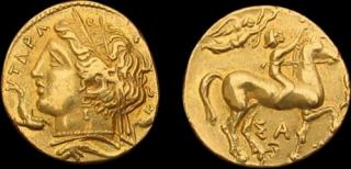 1-3 Statéru zlato 999 | Tarent (344-334 př. Kr.) Řecko | replika mince (Materiál: zlato 999 Velikost: 14 mm Hmotnost: 2,8 g)
