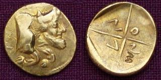 1 a 1/3 litra zlato 999 | Gela (5. stol. př. Kr.) Řecko | replika mince (Materiál: zlato 999 Velikost: 10 mm Hmotnost: 1,15 g)