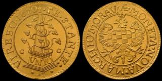 5dukát zlato 999 | Moravské evangelické stavy (1620-1621) Morava – Olomouc | replika mince (Materiál: zlato 999 Velikost: 40 mm Hmotnost: 17,2 g)