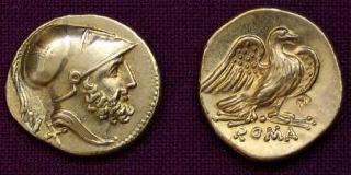 60 as zlato 999 | Řím, republika (po 211 po Kr.) Řím | replika mince (Materiál: zlato 999 Velikost: 13 mm Hmotnost: 3,3 g)
