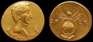 Aureus zlato 999 | Augustus (27 př. Kr.-14 po Kr.) Řím | replika mince (Materiál: zlato 999 Velikost: 20 mm Hmotnost: 7,9 g)