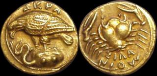 Diobol zlato 999 | Akragas (413-406 př. Kr.) Řecko | replika mince (Materiál: zlato 999 Velikost: 10 mm Hmotnost: 1,35 g)