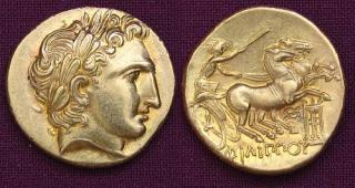 Statér zlato 999 | Filip II. (359-336 př. Kr.) Řecko | replika mince (Materiál: zlato 999 Velikost: 17 mm Hmotnost: 8,6 g)