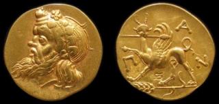 Statér zlato 999 | Pantikapaion (5. stol. př. Kr.) Řecko | replika mince (Materiál: zlato 999 Velikost: 21 mm Hmotnost: 8,6 g)
