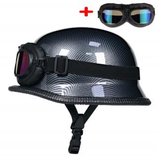 Moto helma retro německá s brýlemi karbon (Retro německá moto helma s brýlema)