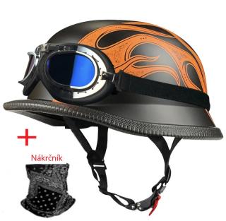 Moto helma retro s oranžovým plamenem (Retro německá moto helma)