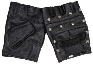 Motorkářské kožené rukavice bez prstů s okrasnými nýty černé