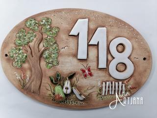 Cedulka s číslem a hruškami (cedulka z keramiky, hrušky, strom)