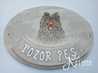 Cedulka šedá POZOR PES (keramická cedulka, pozor pes, kolie, šeltie)