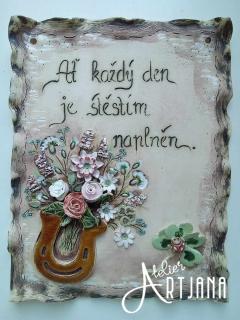 Cedulka Štěstí (Cedulka z keramiky, beruška, čtyřlístek, květiny, květ)