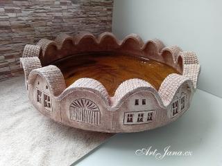 Keramická miska s domečky nižší (nádoba k dekoraci)