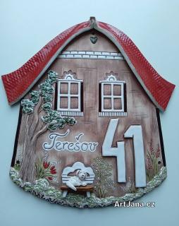 Keramické číslo 41 (keramické číslo, domeček, pejsek, lavička, strom, Terešov)