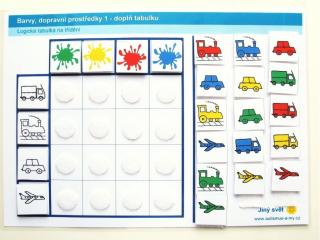 Jiný svět Barvy - dopravní prostředky 1. Logická tabulka na třídění (24 kartiček)