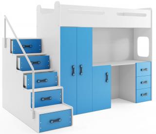 BMS Group Dětská postel Max 4 - Modrá (Dětská patrová postel s psacím stolem a skříní - matrace a rošt Zdarma)