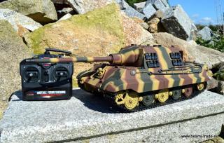 RC tank JagdTiger - Airsoft 2.4 GHz - Kovová edice, maskovaný (Tank JagdTiger na dálkové ovládání v měřítku 1:16 - KOVOVÁ profi edice - airsoft bojový systém, 2.4 GHz ovládání, simulace zvuku a kouře, kovová vana + pásy + hnací a vodící kola + převodovky 