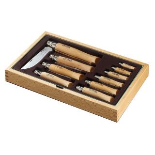 OPINEL Dřevěný box s 10 nerez noži délka čepele od 3,5 do 12 cm