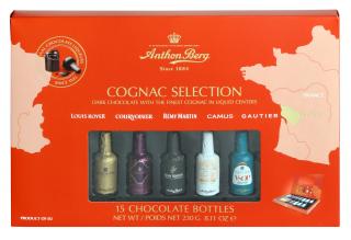 Bonboniéra Anthon Berg Cognac Selection 15 lahviček z hořké čokolády plněné alkoholem 230g