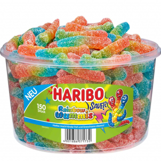 Haribo Sauer Rainbow Wummis - kyselí gumoví želé červíci v barvách duhy - dóza 150ks - 1200g