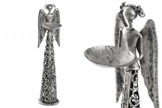 Kovový Anděl s držákem na svíčku - stříbrná patina 25,5cm malý