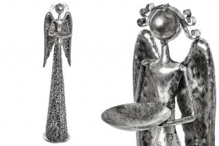 Kovový Anděl s držákem na svíčku - stříbrná patina 39cm střední