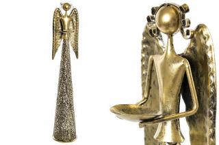 Kovový Anděl s držákem na svíčku - zlatá patina 55cm velký