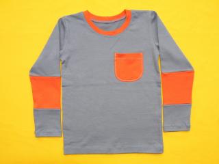 Tričko dlouhý rukáv jedna kapsa Barva: šedá+oranžová, Varianta: Pruh na rukávu, Velikost: 128