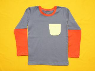 Tričko dlouhý rukáv jedna kapsa Barva: šedá+oranžová, Varianta: Vrstvený efekt, Velikost: 134