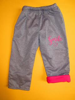Zateplené šusťákové kalhoty s potiskem hladký šusťák 1 Barva: šedá+růžová, Velikost: 92