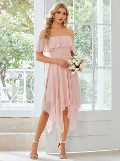 Asymetrické růžové šaty bez ramínek ES01734PK Velikost: EU 36 / US 04, Barva: Růžová
