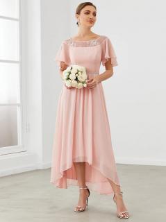 Růžové asymetrické šaty s krátkým rukávem EP00465PK Velikost: EU 52 / US 20 / Skladem, Barva: Růžová