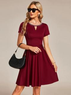 Vínové koktejlové šaty s rukávem EB01792BD Velikost: EU 2XL (44) / US 2L, Barva: Červená