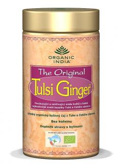 Tulsi Ginger Tea, sypaný čaj BIO 100g v dóze | Organic India (Bazalka posvátná - Ocimum sanctum, Ocimum basilicum)