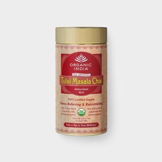 Tulsi Masala Tea, sypaný čaj BIO 100g plechová dóza | Organic India (Bazalka posvátná - Ocimum sanctum, Ocimum basilicum)