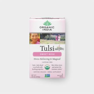 Tulsi sladká růže BIO, 18 ks sáčků | Organic India (Inspirující organická bylinná směs z bazalky svaté, sladkých květů růže a heřmánku.)