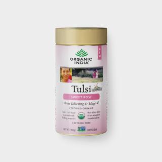 Tulsi sladká růže BIO, sypaný čaj 100g plech dóza| Organic India (Inspirující organická bylinná směs z bazalky svaté, sladkých květů růže a heřmánku.)