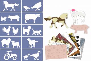 Set šablon farmářských zvířátek a barevných vzorovaných papírů (10 a 10 kusů)
