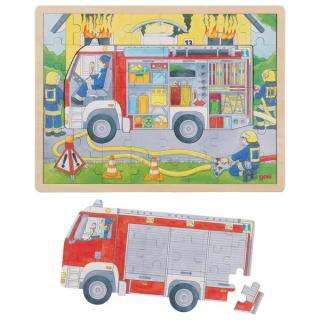 Zvenku a uvnitř - Dřevěné vrstvící puzzle Goki hasiči