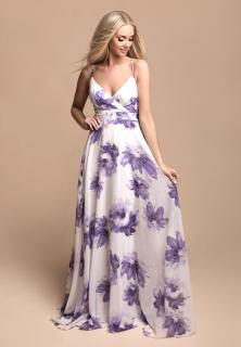 Bílé asymetrické šaty s fialovými květy Velikost: L