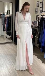 Bílé svatební šaty s prostřiženým rukávem a odhalenými zády Velikost: L