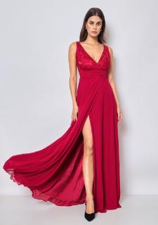 Dlouhé červené šaty s hlubokým výstřihem Velikost: L